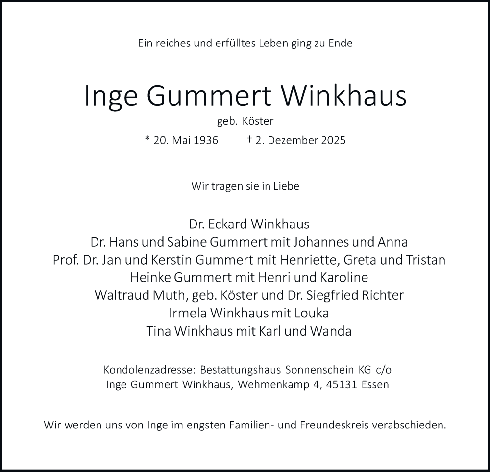  Traueranzeige für Inge Gummert Winkhaus vom 06.12.2025 aus Tageszeitung