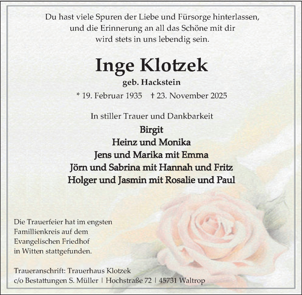  Traueranzeige für Inge Klotzek vom 06.12.2025 aus Tageszeitung