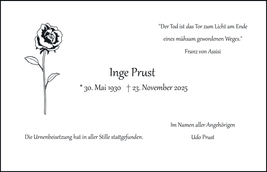 Traueranzeige von Inge Prust von Tageszeitung