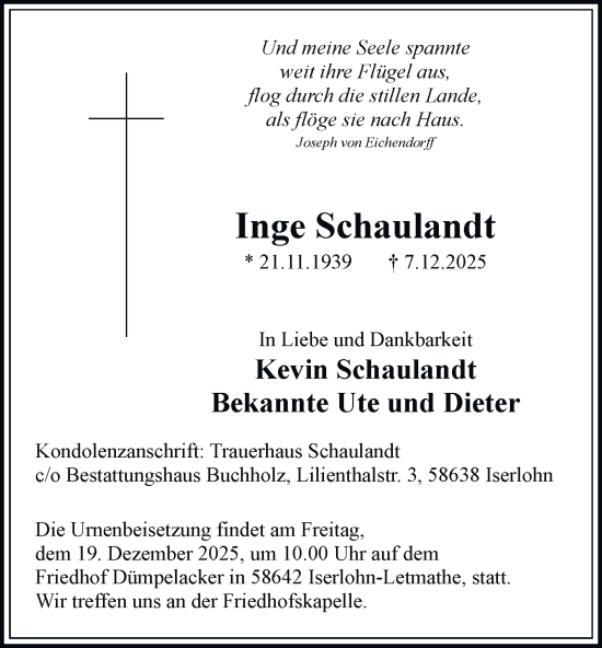 Traueranzeige von Inge Schaulandt von Tageszeitung