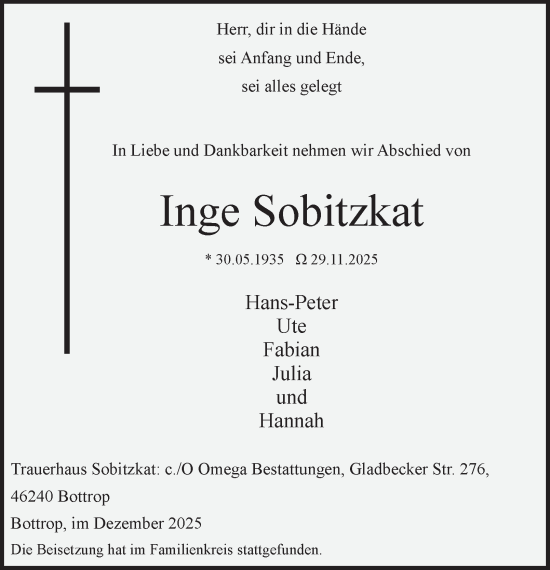 Traueranzeige von Inge Sobitzkat von Tageszeitung