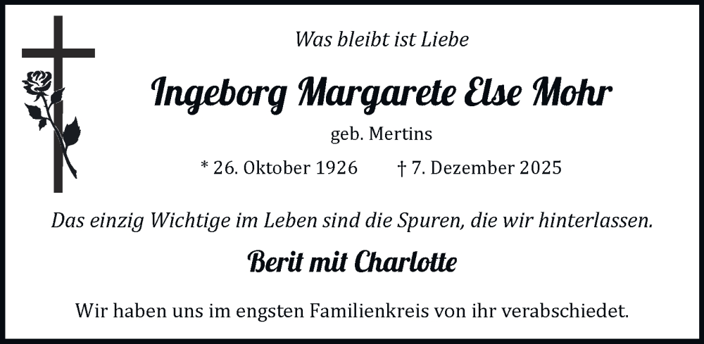  Traueranzeige für Ingeborg Margarete Else Mohr vom 27.12.2025 aus Tageszeitung