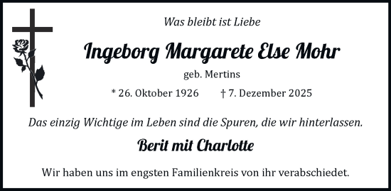 Traueranzeige von Ingeborg Margarete Else Mohr von Tageszeitung