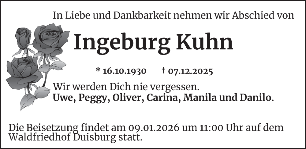 Traueranzeige für Ingeburg Kuhn vom 18.12.2025 aus Tageszeitung