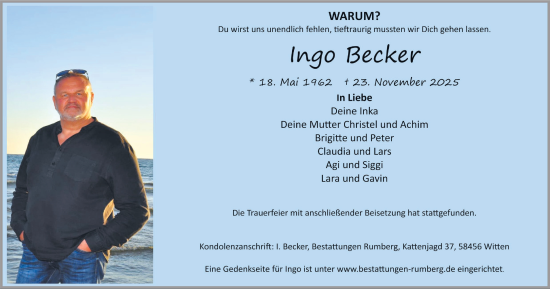 Traueranzeige von Ingo Becker von Tageszeitung