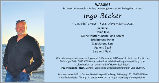 Traueranzeige von Ingo Becker von Tageszeitung
