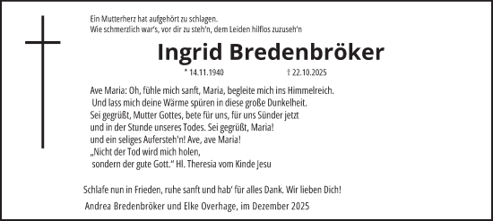 Traueranzeige von Ingrid Bredenbröker von Tageszeitung