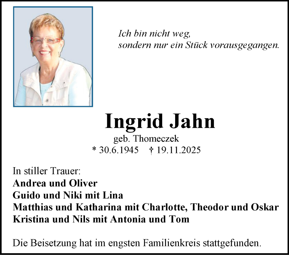  Traueranzeige für Ingrid Jahn vom 13.12.2025 aus Tageszeitung