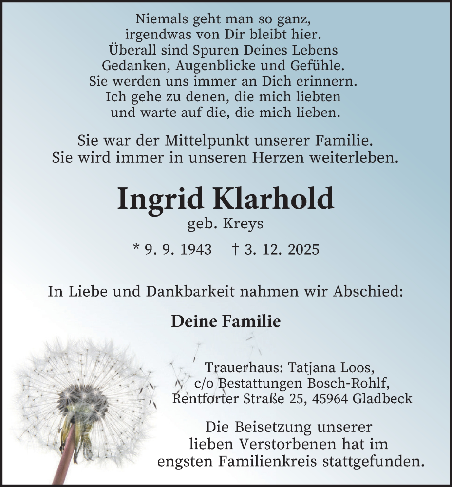  Traueranzeige für Ingrid Klarhold vom 20.12.2025 aus Tageszeitung