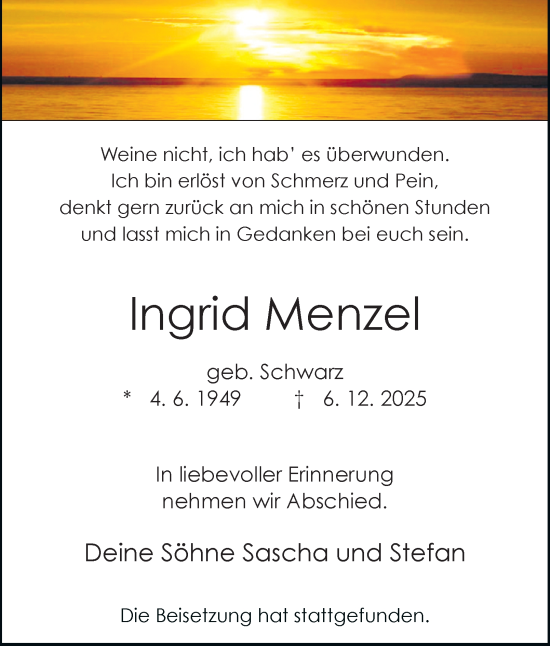 Traueranzeige von Ingrid Menzel von Tageszeitung