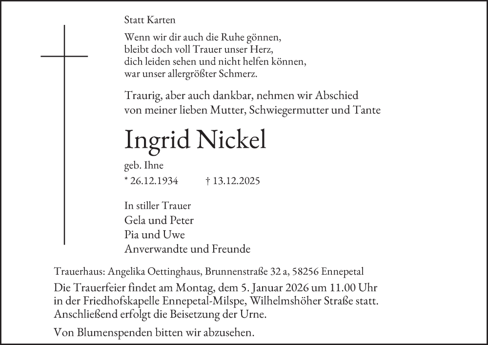  Traueranzeige für Ingrid Nickel vom 20.12.2025 aus Tageszeitung