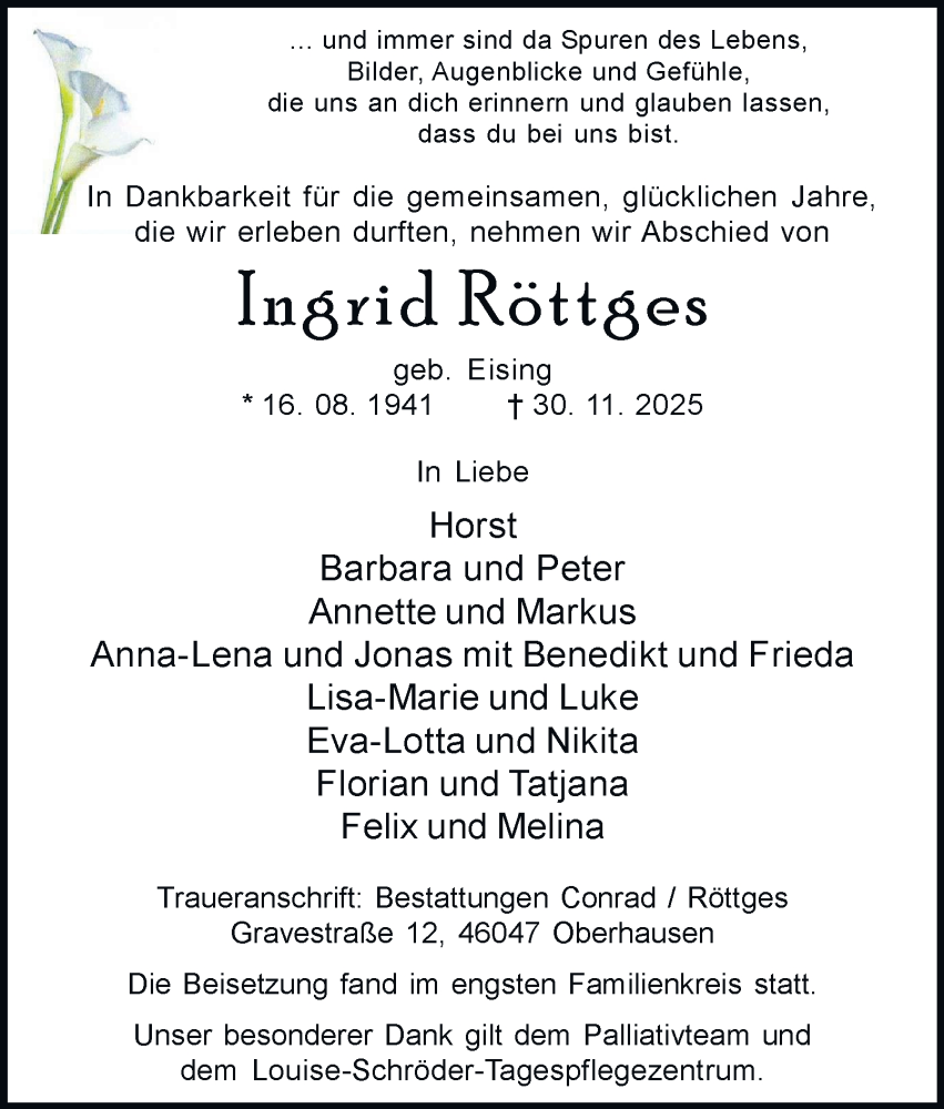  Traueranzeige für Ingrid Röttges vom 13.12.2025 aus Tageszeitung