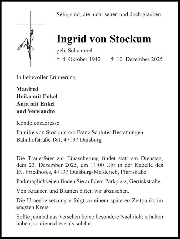  Traueranzeige für Ingrid von Stockum vom 20.12.2025 aus Tageszeitung