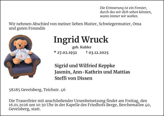 Traueranzeige von Ingrid Wruck von Tageszeitung