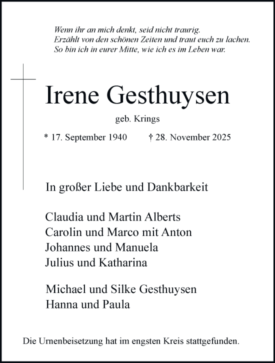 Traueranzeige von Irene Gesthuysen von Tageszeitung