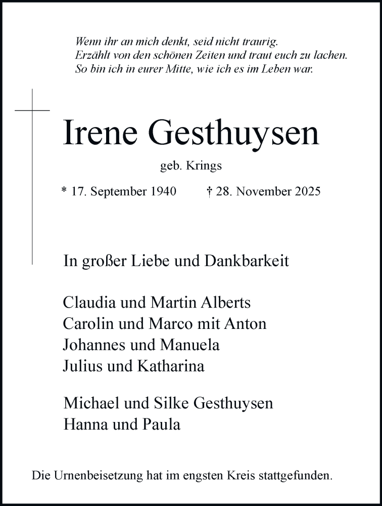  Traueranzeige für Irene Gesthuysen vom 27.12.2025 aus Tageszeitung