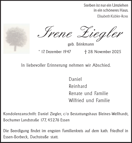 Traueranzeige von Irene Ziegler von Tageszeitung