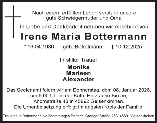 Traueranzeige von Irene Maria Bottermann von Tageszeitung