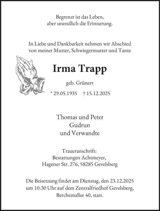 Traueranzeige von Irma Trapp von Tageszeitung