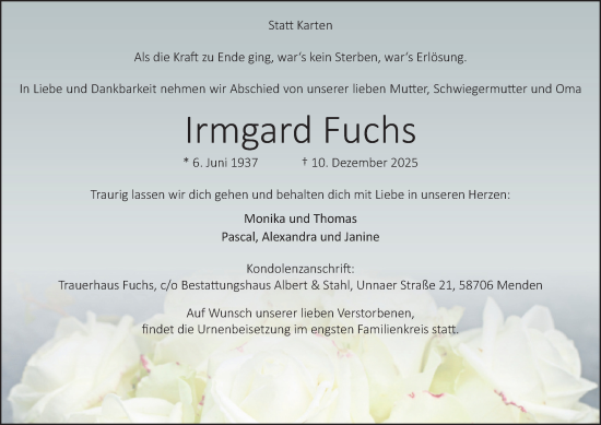Traueranzeige von Irmgard Fuchs von Tageszeitung
