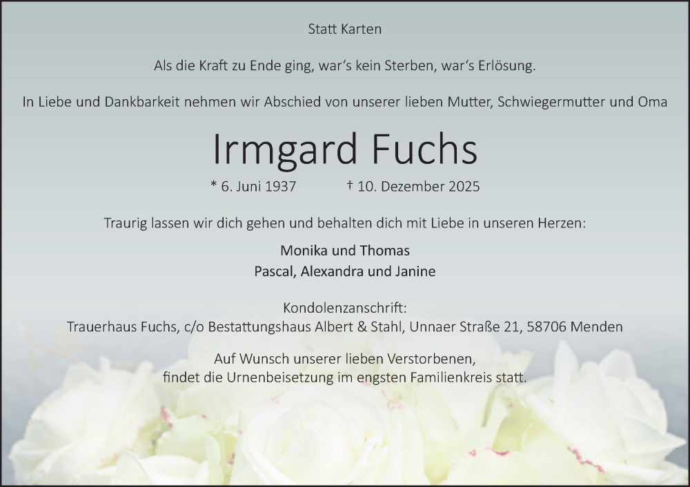  Traueranzeige für Irmgard Fuchs vom 13.12.2025 aus Tageszeitung