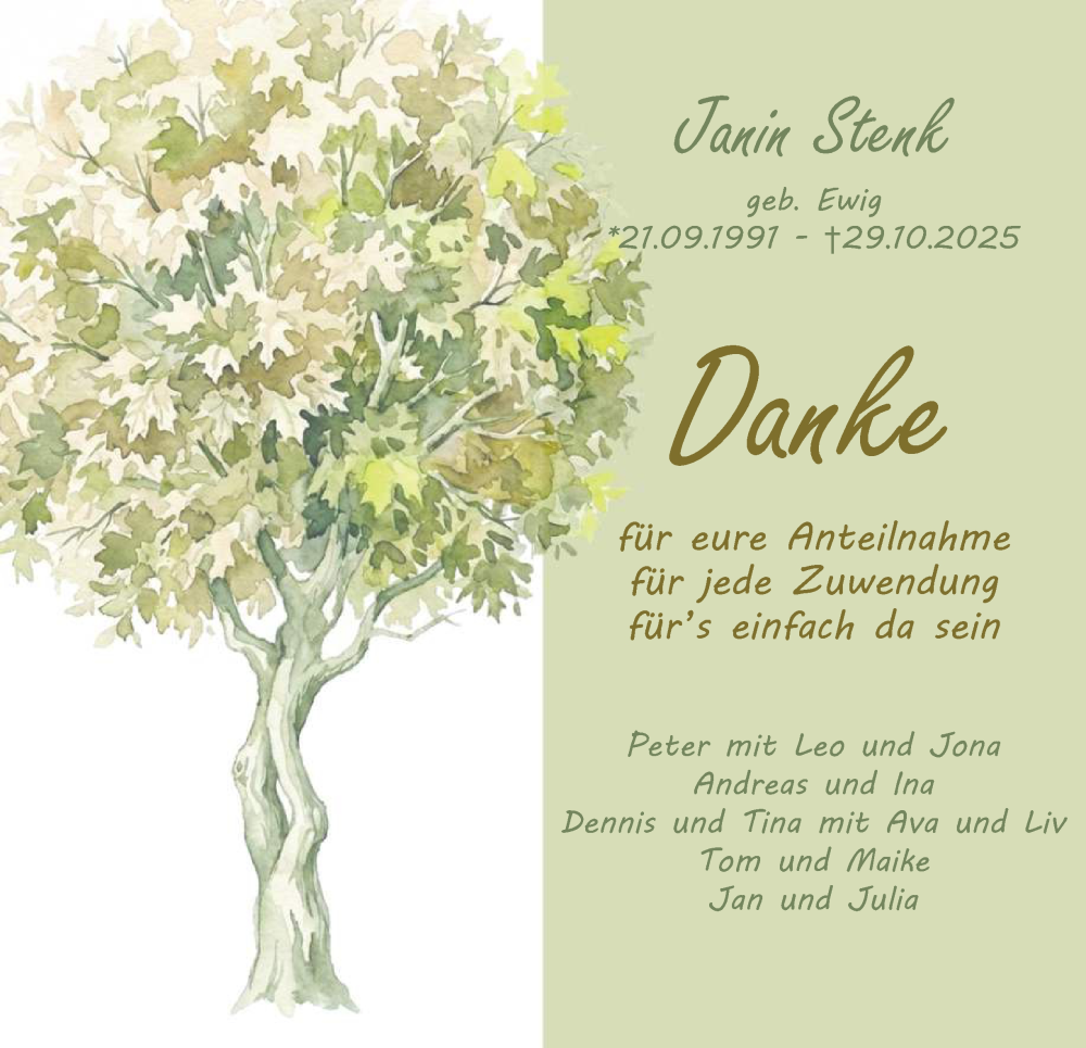  Traueranzeige für Janin Stenk vom 20.12.2025 aus Tageszeitung
