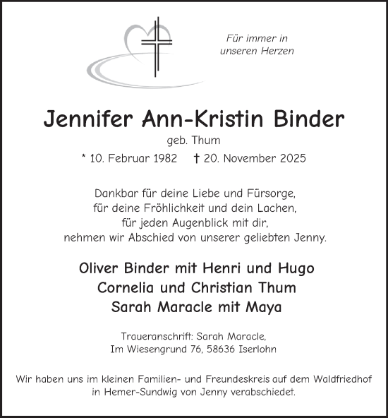 Traueranzeige von Jennifer Ann-Kristin Binder von Tageszeitung