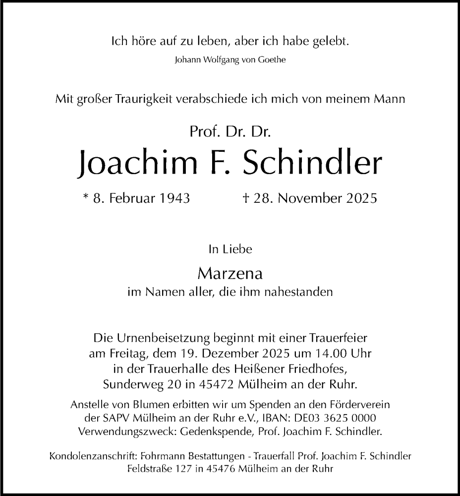  Traueranzeige für Joachim  Schindler vom 13.12.2025 aus Tageszeitung