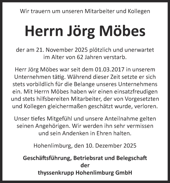 Traueranzeige von Jörg Möbes von Tageszeitung