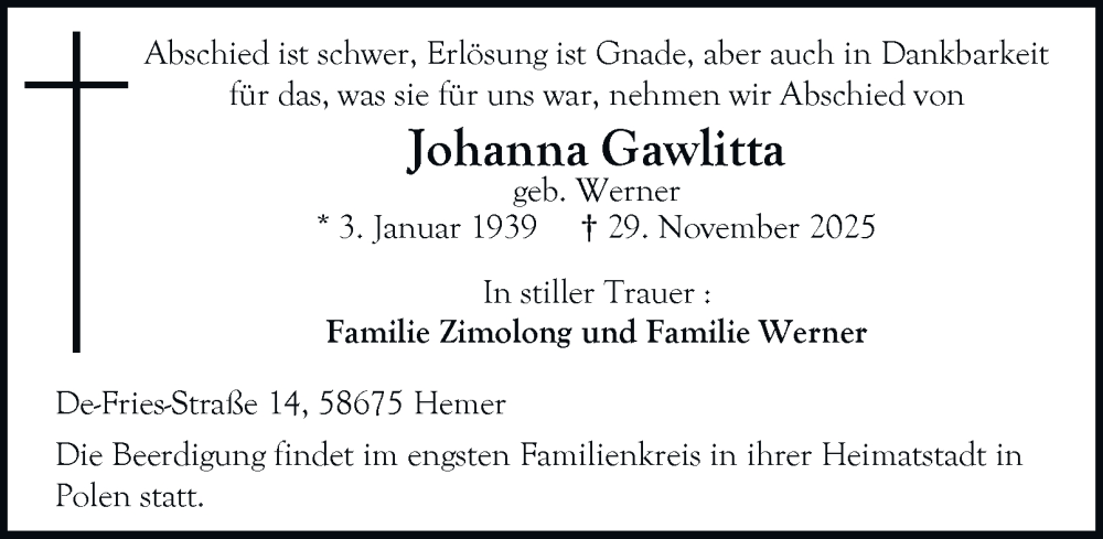  Traueranzeige für Johanna Gawlitta vom 06.12.2025 aus Tageszeitung
