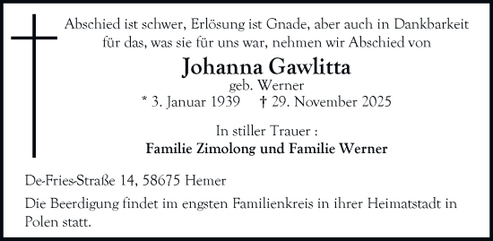 Traueranzeige von Johanna Gawlitta von Tageszeitung