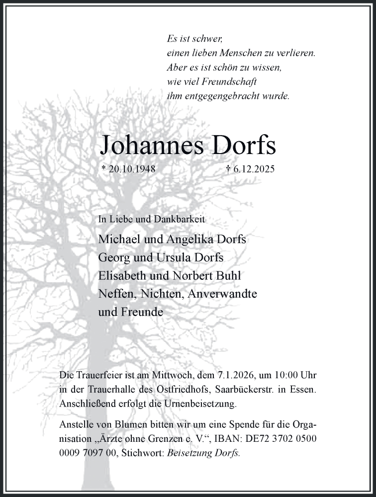  Traueranzeige für Johannes Dorfs vom 20.12.2025 aus Tageszeitung