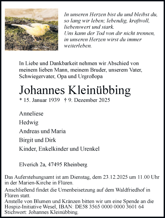 Traueranzeige von Johannes Kleinübbing von Tageszeitung