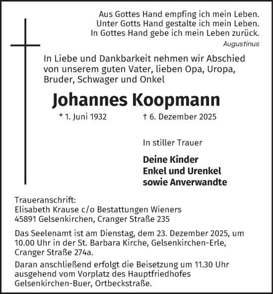 Traueranzeige von Johannes Koopmann von Tageszeitung