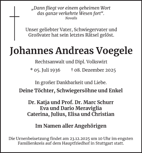 Traueranzeige von Johannes Andreas Voegele von Tageszeitung