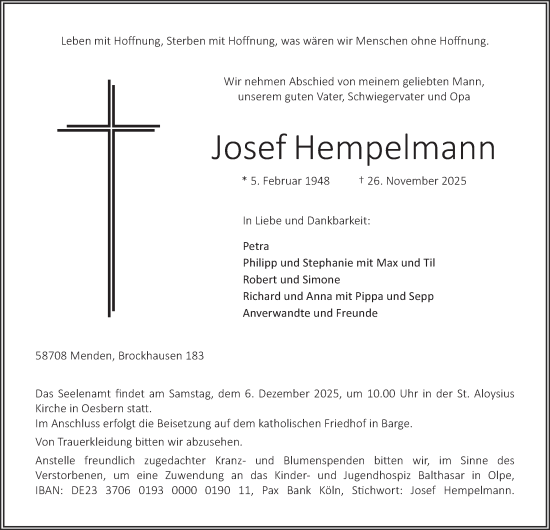 Traueranzeige von Josef Hempelmann von Tageszeitung