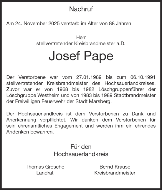 Traueranzeige von Josef Pape von Tageszeitung