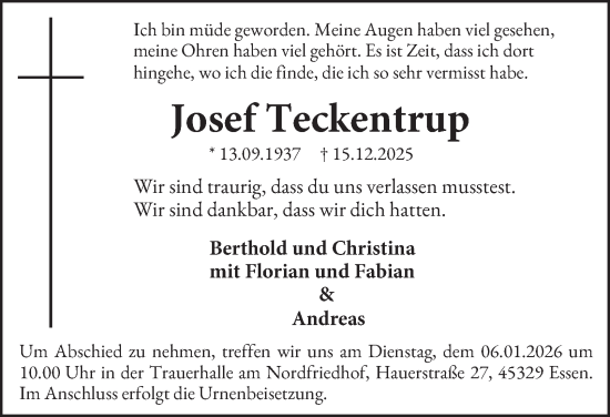 Traueranzeige von Josef Teckentrup von Tageszeitung