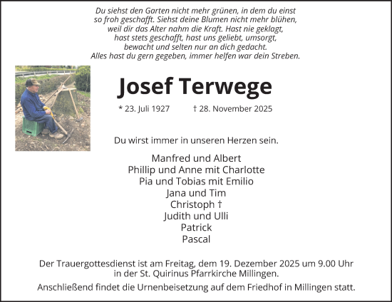Traueranzeige von Josef Terwege von Tageszeitung