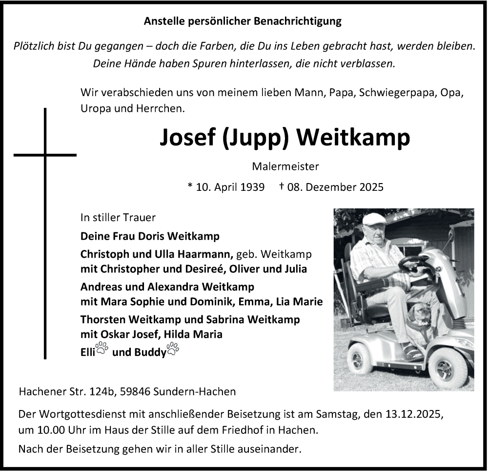  Traueranzeige für Josef Weitkamp vom 11.12.2025 aus Tageszeitung