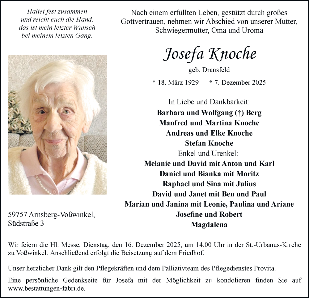  Traueranzeige für Josefa Knoche vom 13.12.2025 aus Tageszeitung