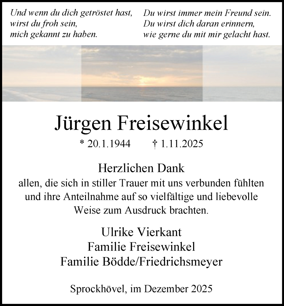  Traueranzeige für Jürgen Freisewinkel vom 20.12.2025 aus Tageszeitung