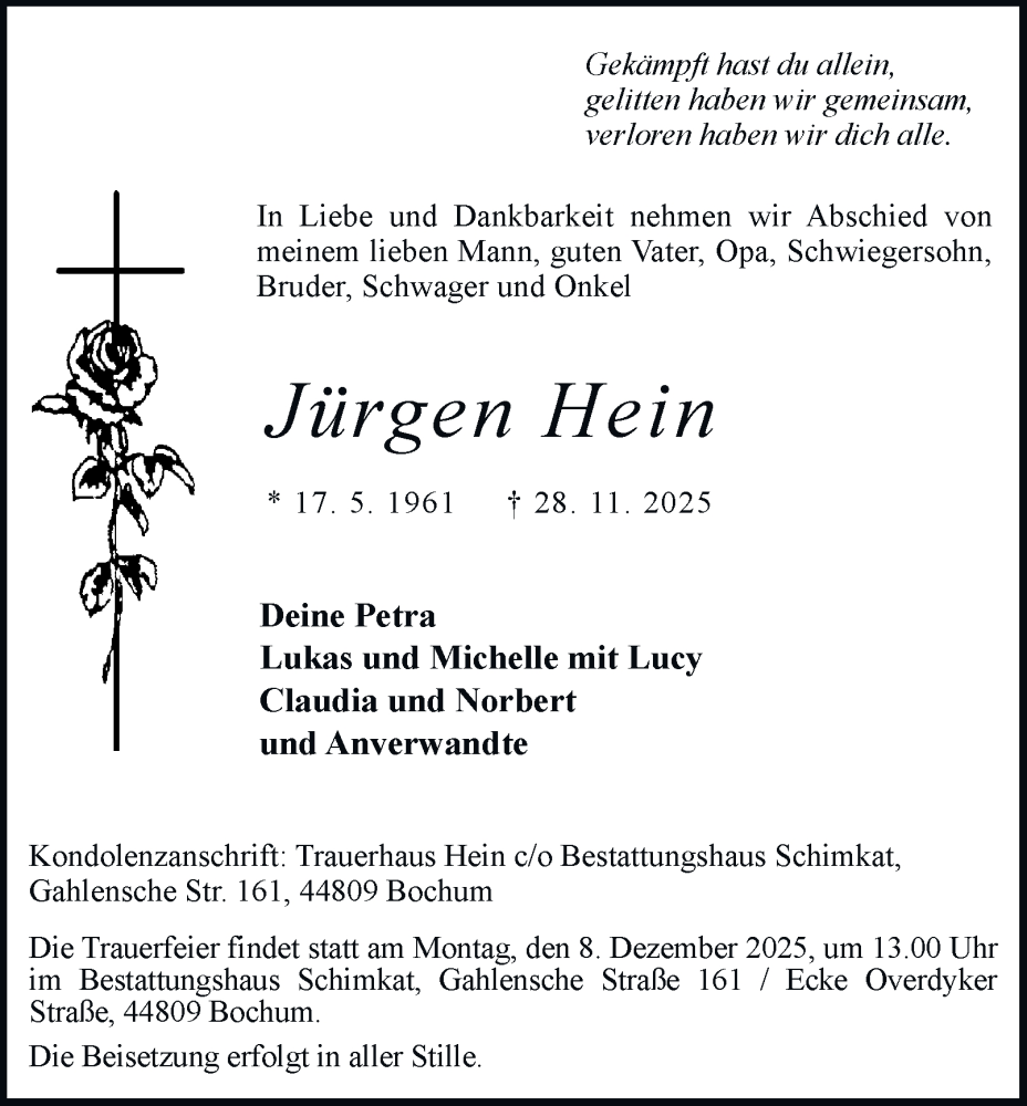  Traueranzeige für Jürgen Hein vom 06.12.2025 aus Tageszeitung