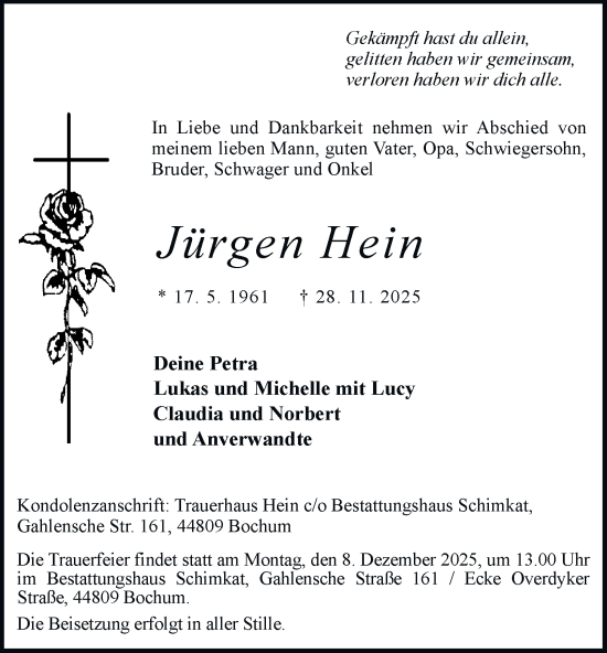 Traueranzeige von Jürgen Hein von Tageszeitung