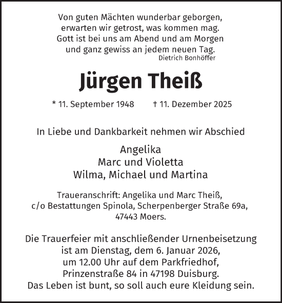 Traueranzeige von Jürgen Theiß von Tageszeitung