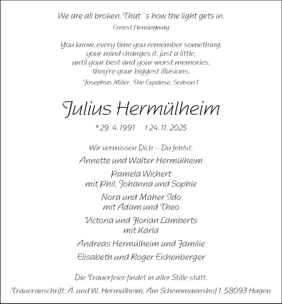 Traueranzeige von Julius Hermülheim von Tageszeitung