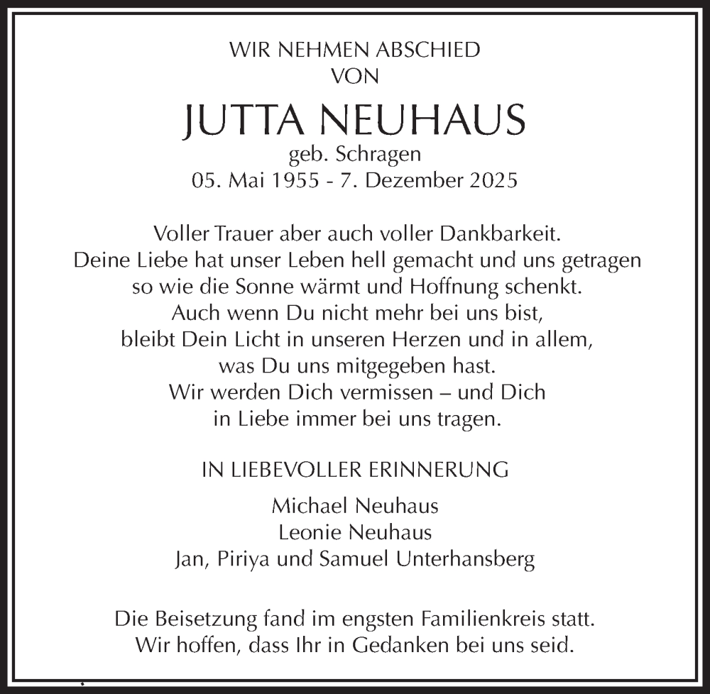  Traueranzeige für Jutta Neuhaus vom 24.12.2025 aus Tageszeitung