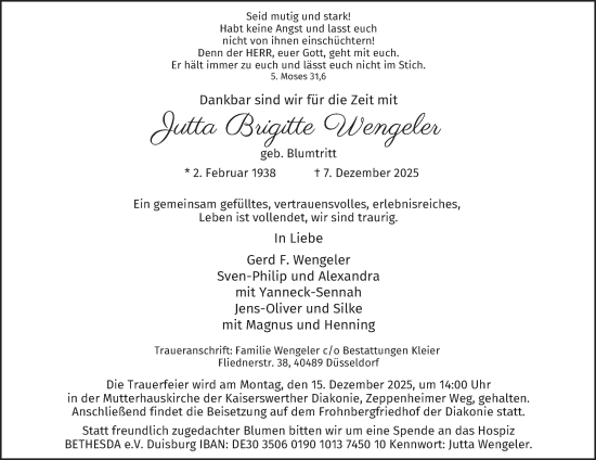 Traueranzeige von Jutta Brigitte Wengeler von Tageszeitung