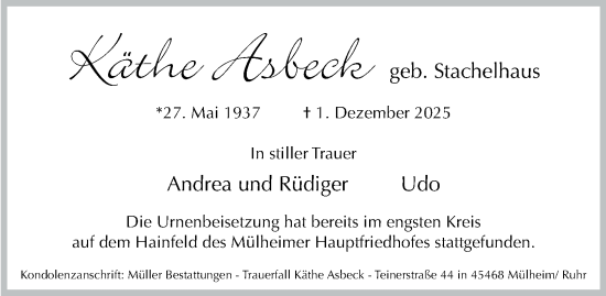 Traueranzeige von Käthe Asbeck von Tageszeitung