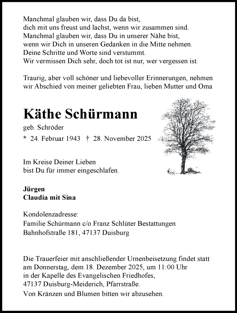  Traueranzeige für Käthe Schürmann vom 13.12.2025 aus Tageszeitung